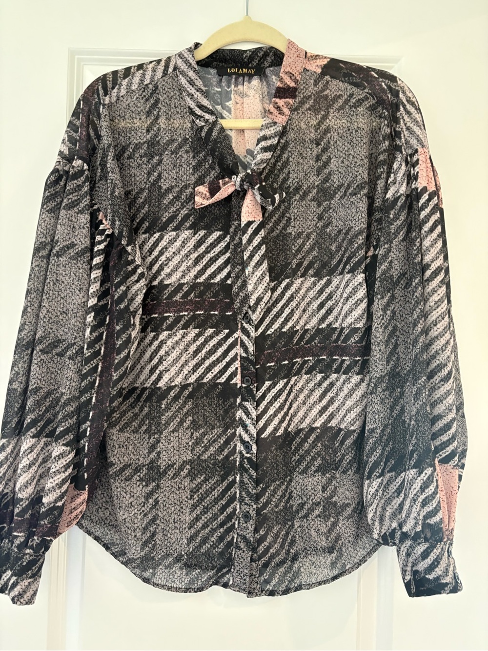 lola Sheer Black and Pink Plaid Tie-Neck Blouse